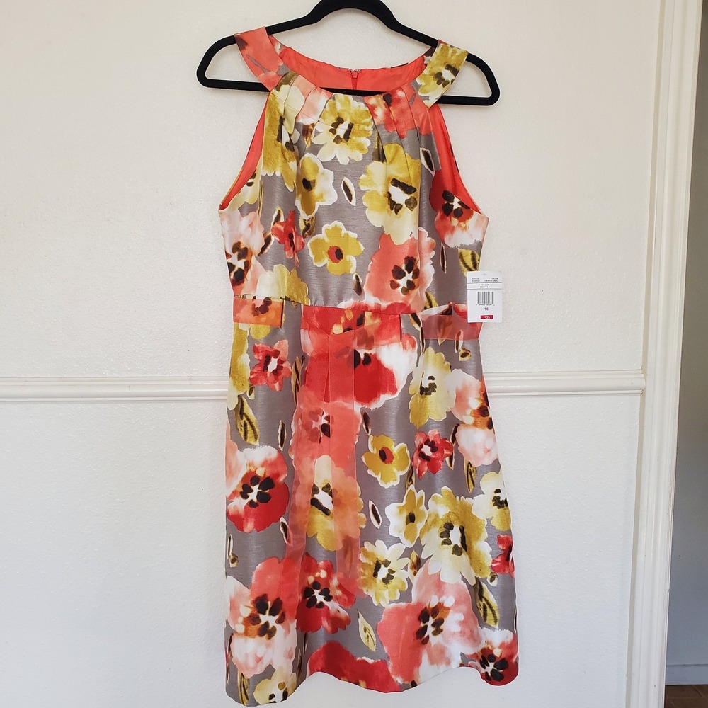 Floral Halter Pleated Dress Women's Size 16 Grey Coral Yellow Knee Length Zip